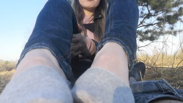 Public Footjob And Socks Job From Hottie On In The Park . Close View