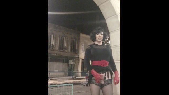 French Tgirl Maeva Walks Around Town With Her Cock Out
